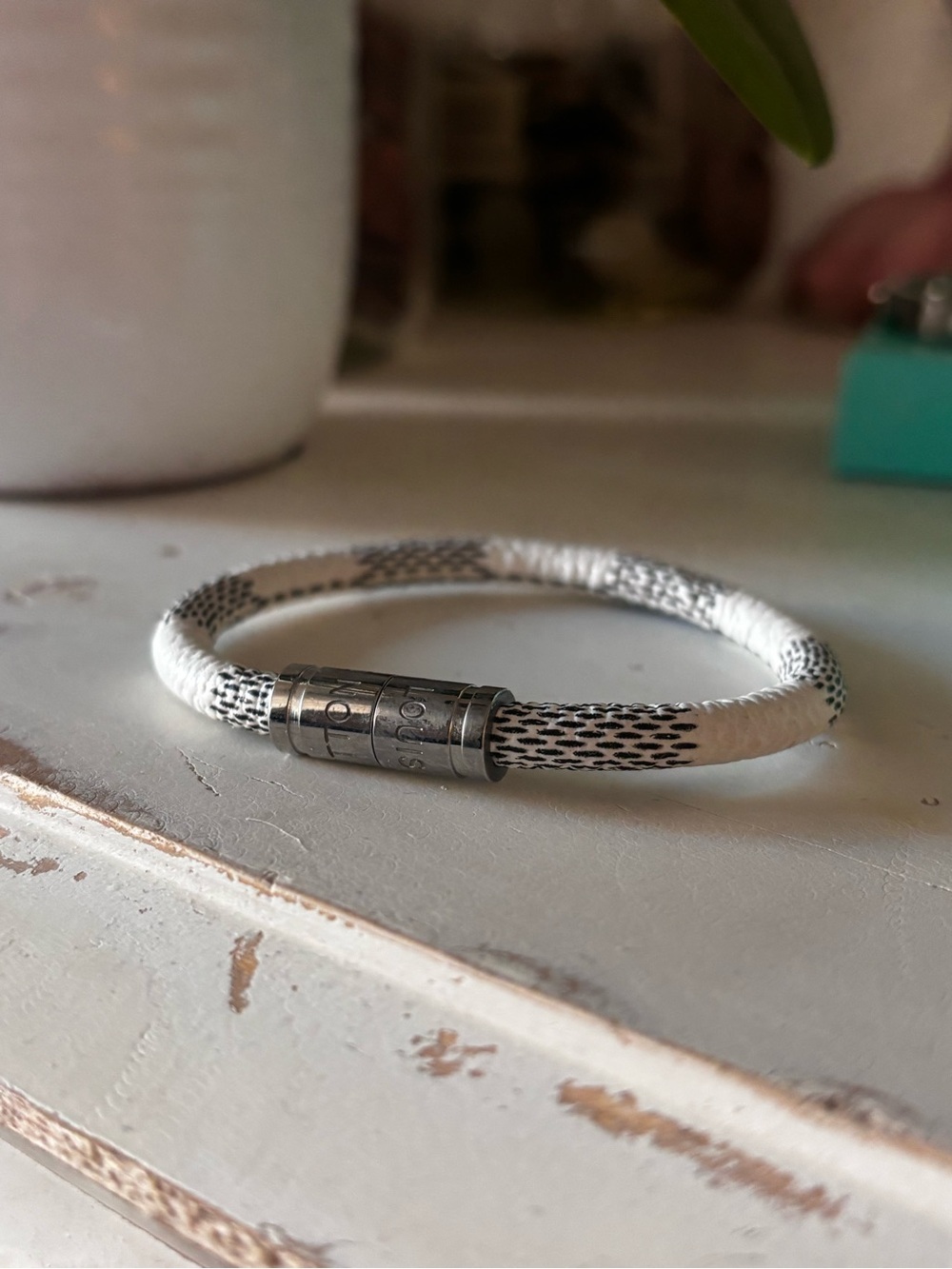 LV White Leather Bracelet with Silver Clasp